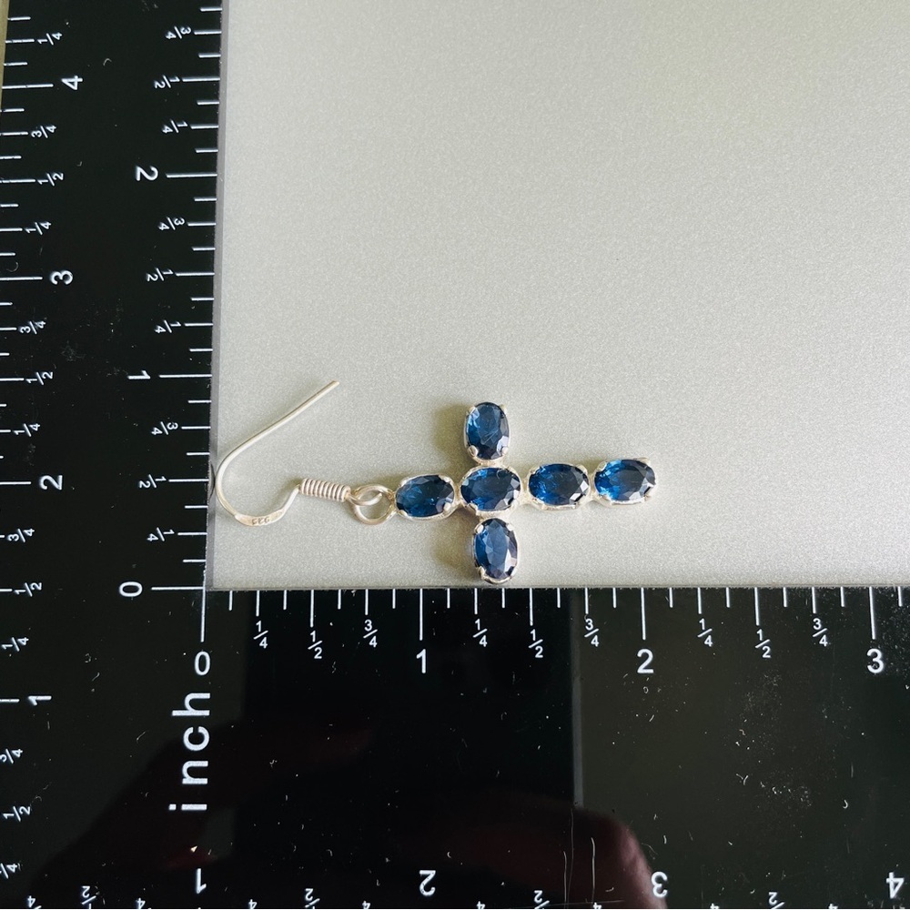 Blue Faux Sapphire (CZ) Dangle Cross Hook Earrings in Sterling Silver Vi… - Picture 3 of 7